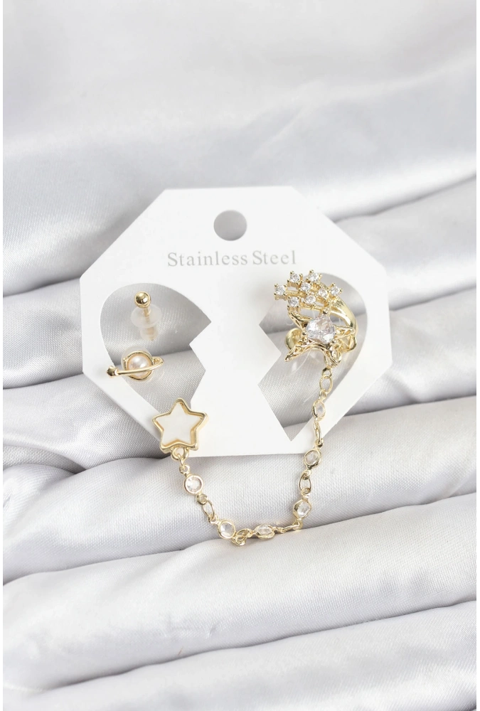 Shoecide Pirinç Gold Renk Yıldız Model Zincir Bağlantılı Ear Cuff Küpe Seti