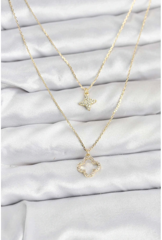 Shoecide Pirinç Gold Renk Yonca Model 2li Kadın Kolye