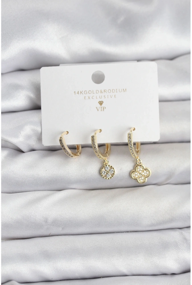 Shoecide Pirinç Gold Renk Yonca Model 3lü Kadın Küpe Seti