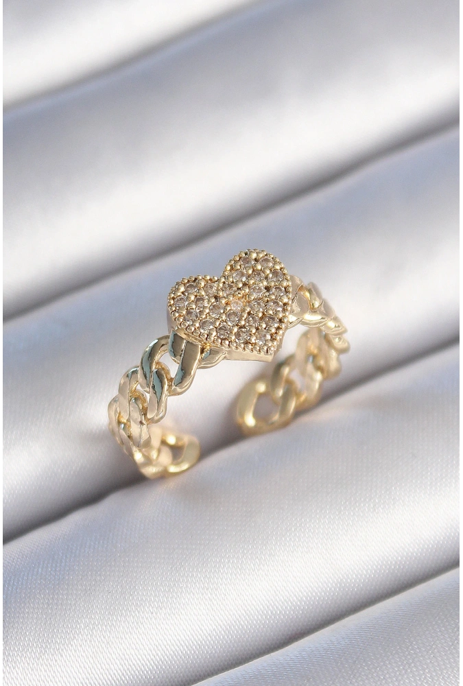 Shoecide Pirinç Gold Renk Zincir Kordon Zirkon Taşlı Kalp Model Kadın Yüzük