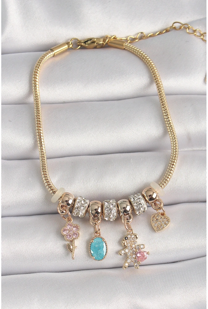 Shoecide Pirinç Gold Renk Zincir Sallantı Zirkon Taşlı Ayıcık Figür Çiçek Detay Kadın Bileklik