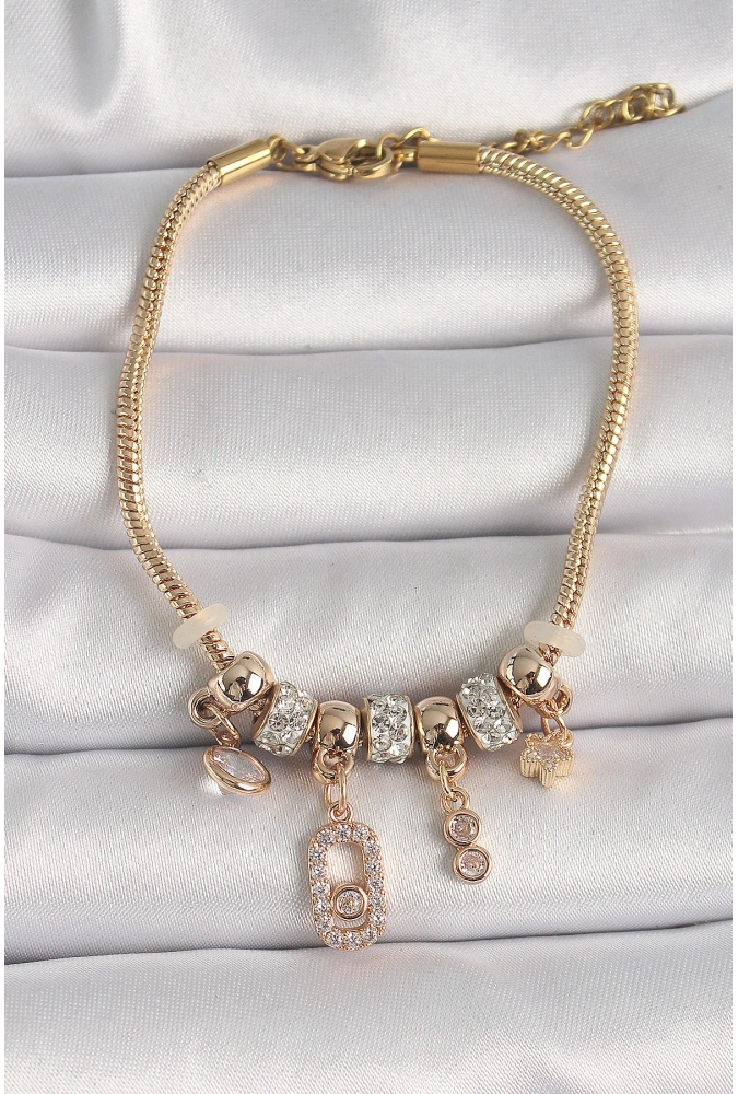 Shoecide Pirinç Gold Renk Zincir Sallantı Zirkon Taşlı Messika Figür Yıldız Detay Kadın Bileklik