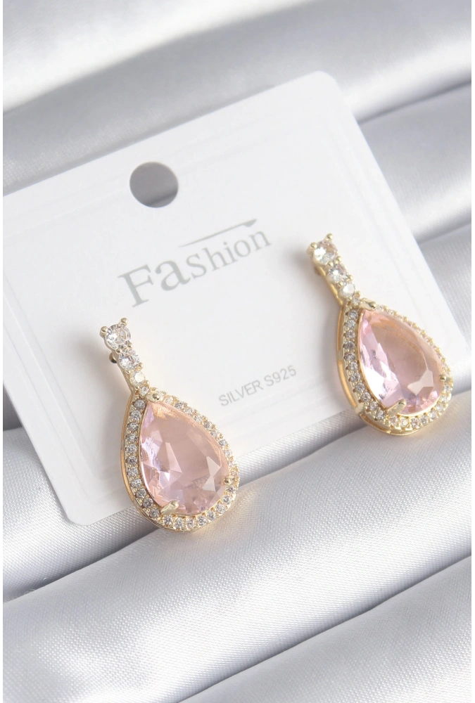 Shoecide Pirinç Gold Renk Zirkon Taş Detay Damla Pembe Zirkon Taş Model Kadın Küpe