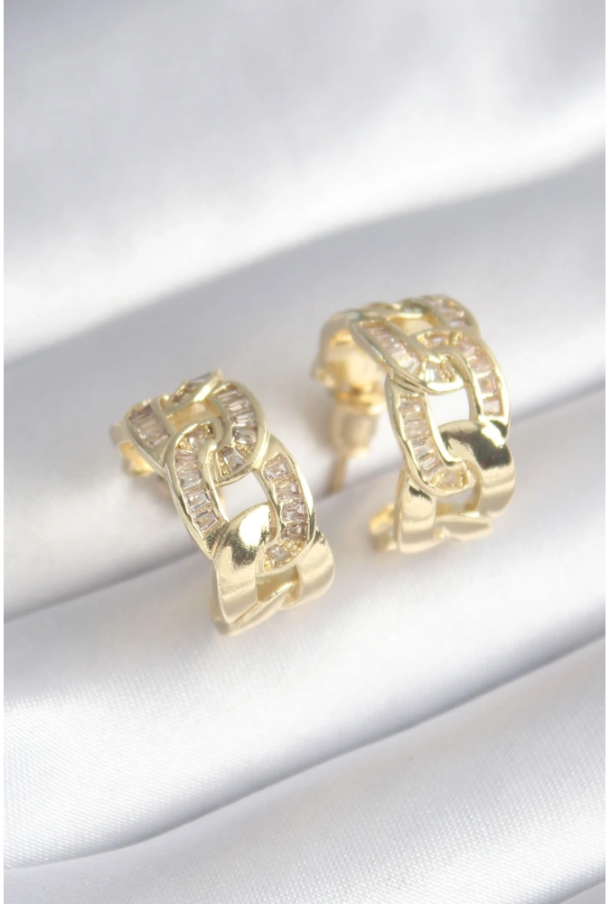 Shoecide Pirinç Gold Renk Zirkon Taş Detay Zincir Model Kadın Küpe