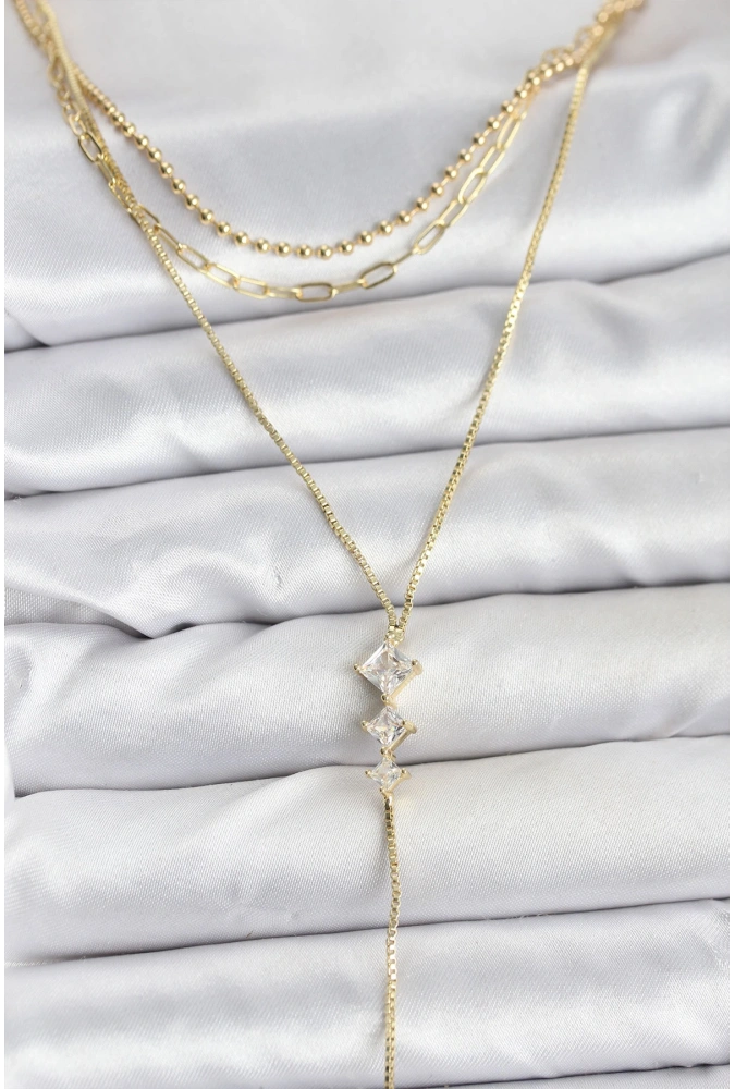 Shoecide Pirinç Gold Renk Zirkon Taş Detaylı 3lü Kombin Y Kadın Kolye