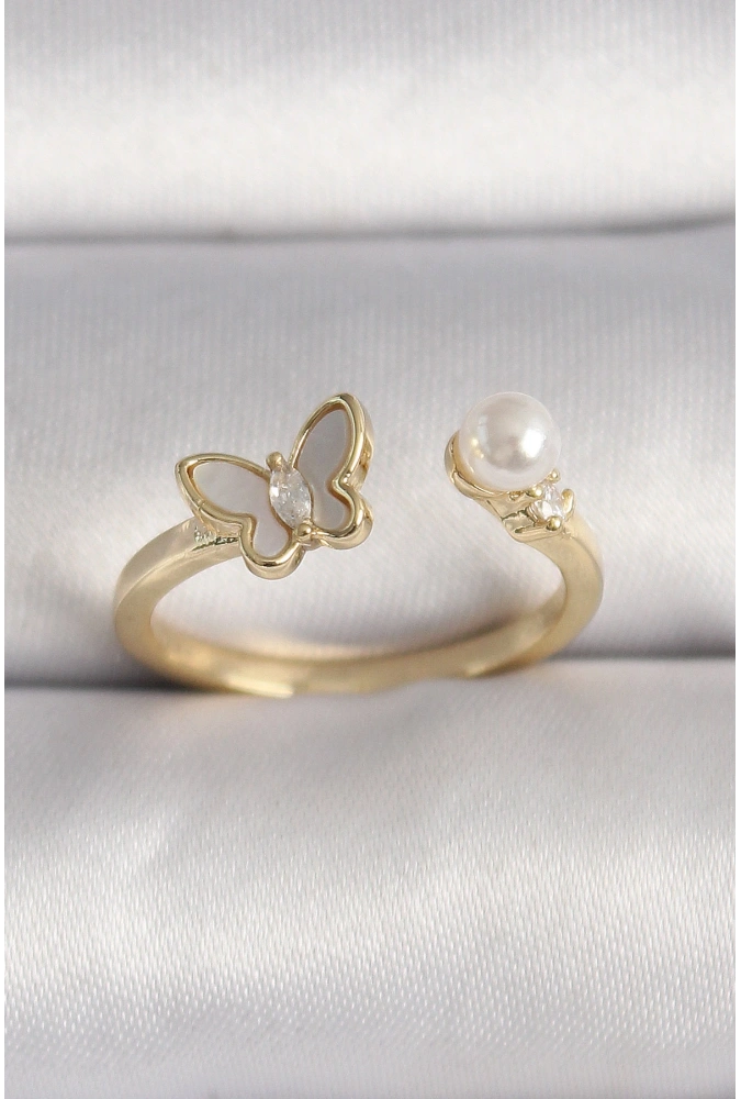 Shoecide Pirinç Gold Renk Zirkon Taş Detaylı Beyaz Mineli Kelebek Model İnci Detay Ayarlanabilir Yüzük