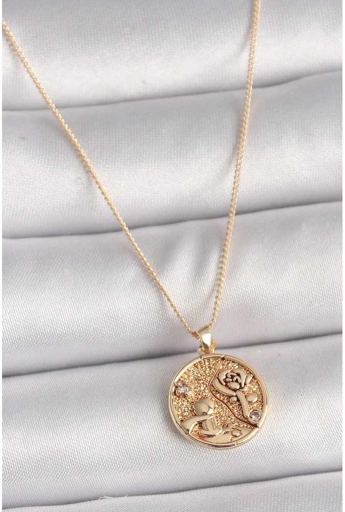 Shoecide Pirinç Gold Renk Zirkon Taş Detaylı Gül İşleme Madalyon Model Kadın Kolye