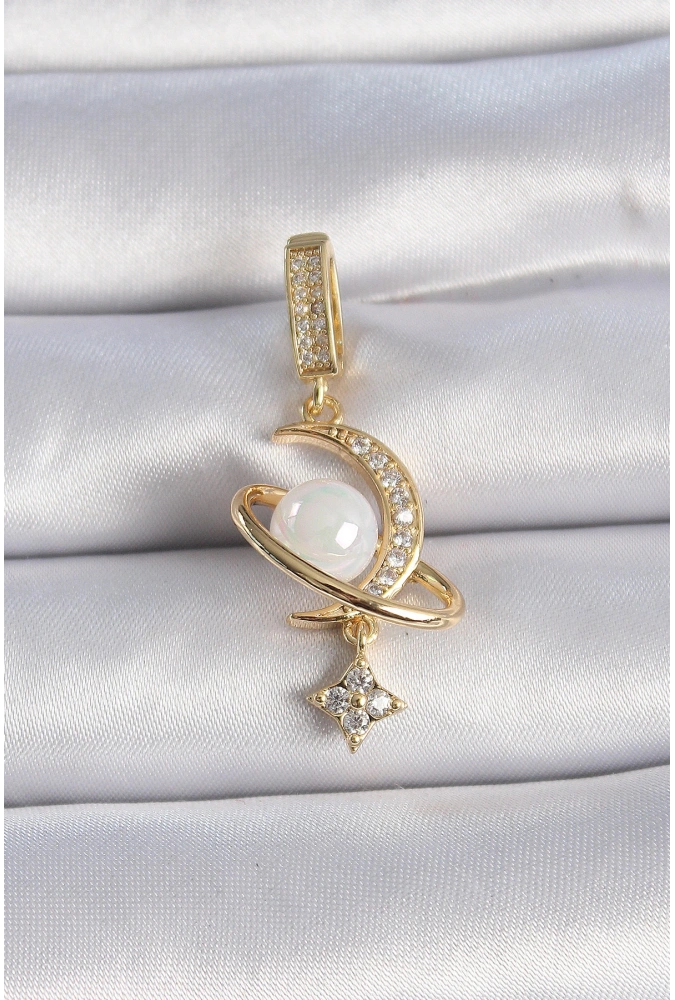 Shoecide Pirinç Gold Renk Zirkon Taş Detaylı Hilal Model Sallantı İncili Ajda Charm