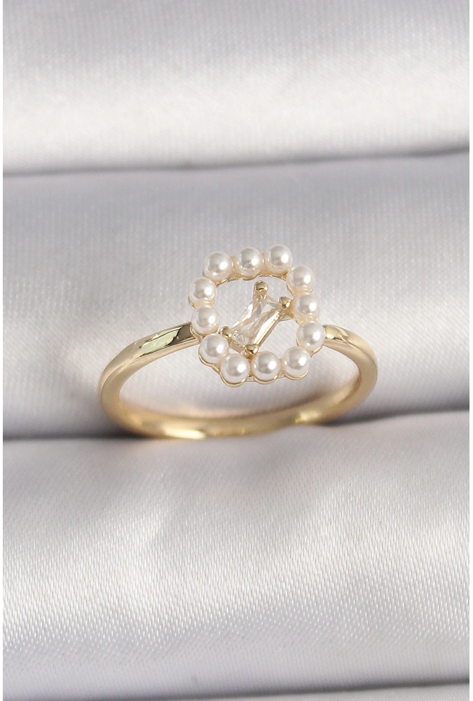 Shoecide Pirinç Gold Renk Zirkon Taş Detaylı İncili Ayarlanabilir Yüzük