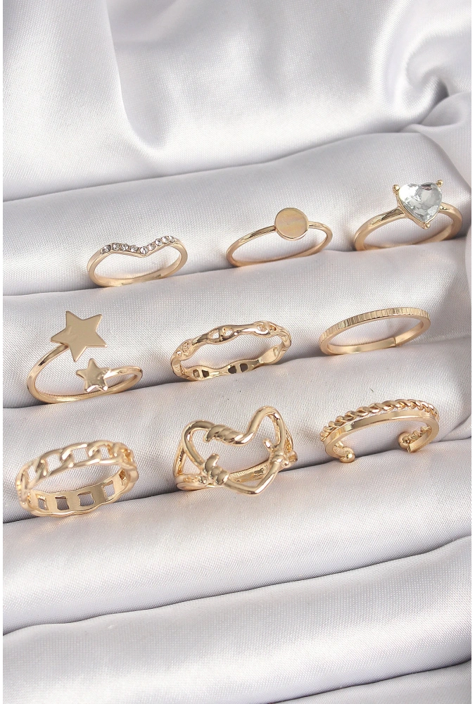 Shoecide Pirinç Gold Renk Zirkon Taş Detaylı Kalp Yıldız Figür Kadın Yüzük Kombini