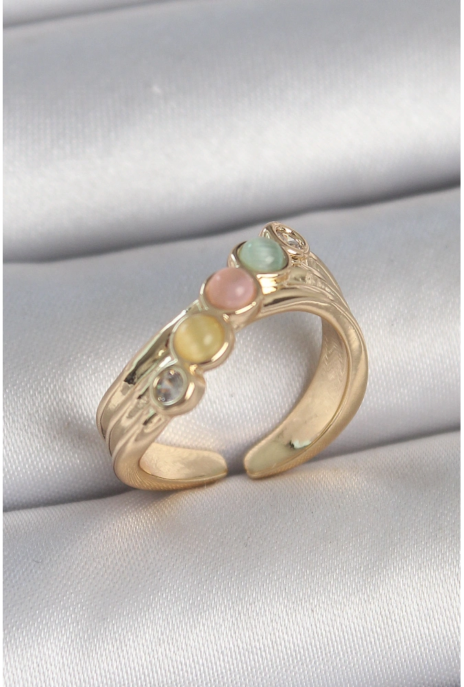 Shoecide Pirinç Gold Renk Zirkon Taş Detaylı Karışık Mineli Ayarlanabilir Kadın Yüzük