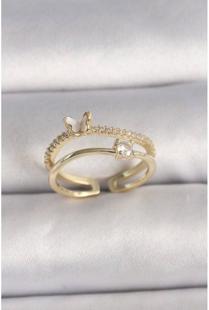 Shoecide Pirinç Gold Renk Zirkon Taş Detaylı Kelebek Figür Ayarlanabilir Yüzük