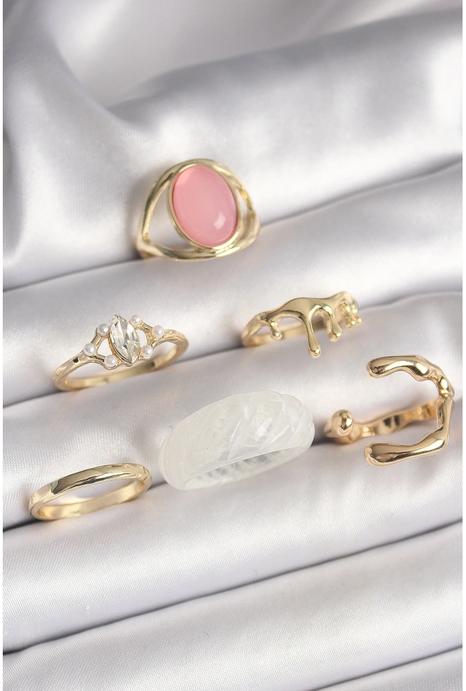 Shoecide Pirinç Gold Renk Zirkon Taş Detaylı Pembe Mineli 6lı Kadın Yüzük Seti