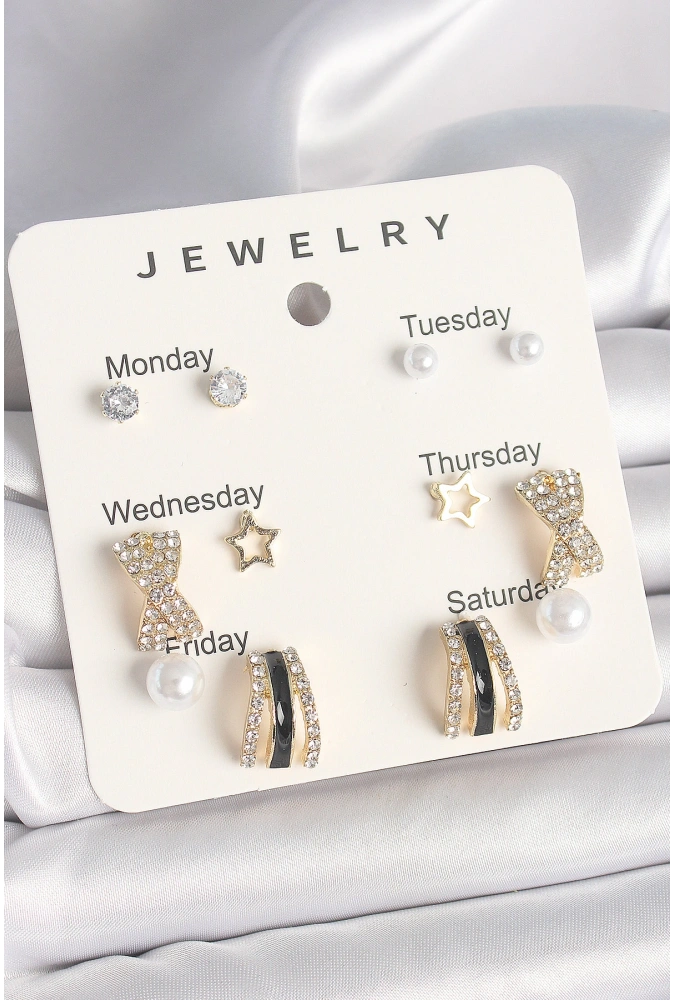 Shoecide Pirinç Gold Renk Zirkon Taş Yıldız Detaylı İncili 7li Set Kadın Küpe Seti