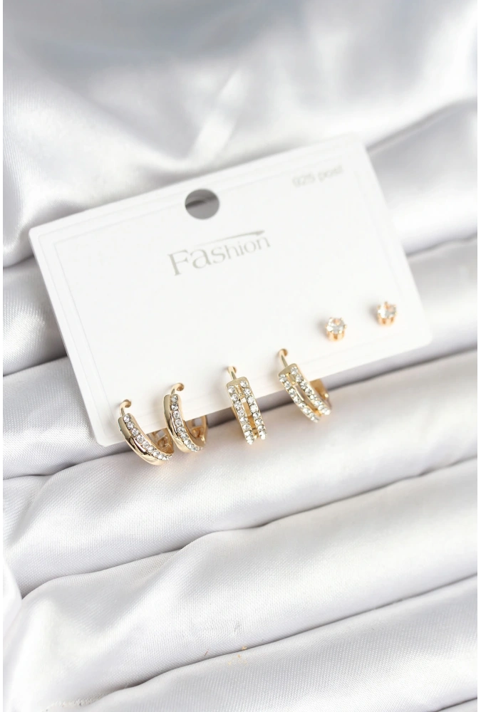 Shoecide Pirinç Gold Renk Zirkon Taşlı 925 Gümüş Çivili Kadın Küpe Seti