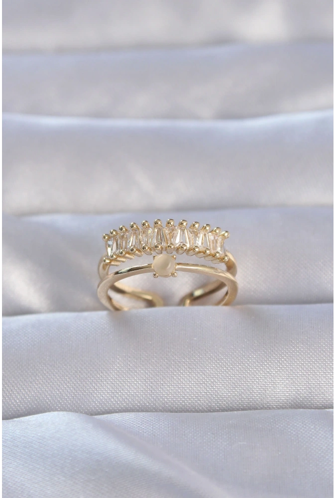 Shoecide Pirinç Gold Renk Zirkon Taşlı Baget Su Yolu Model Ayarlanabilir Yüzük