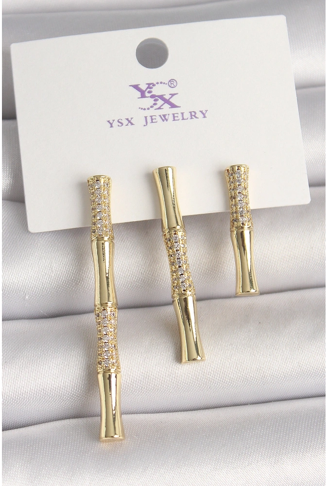 Shoecide Pirinç Gold Renk Zirkon Taşlı Bambu Model 3lü Kadın Kombin Küpe