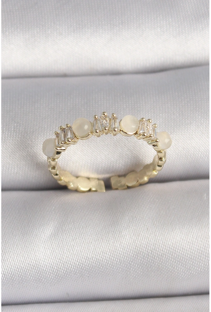 Shoecide Pirinç Gold Renk Zirkon Taşlı Beyaz Mineli Ayarlanabilir Yüzük