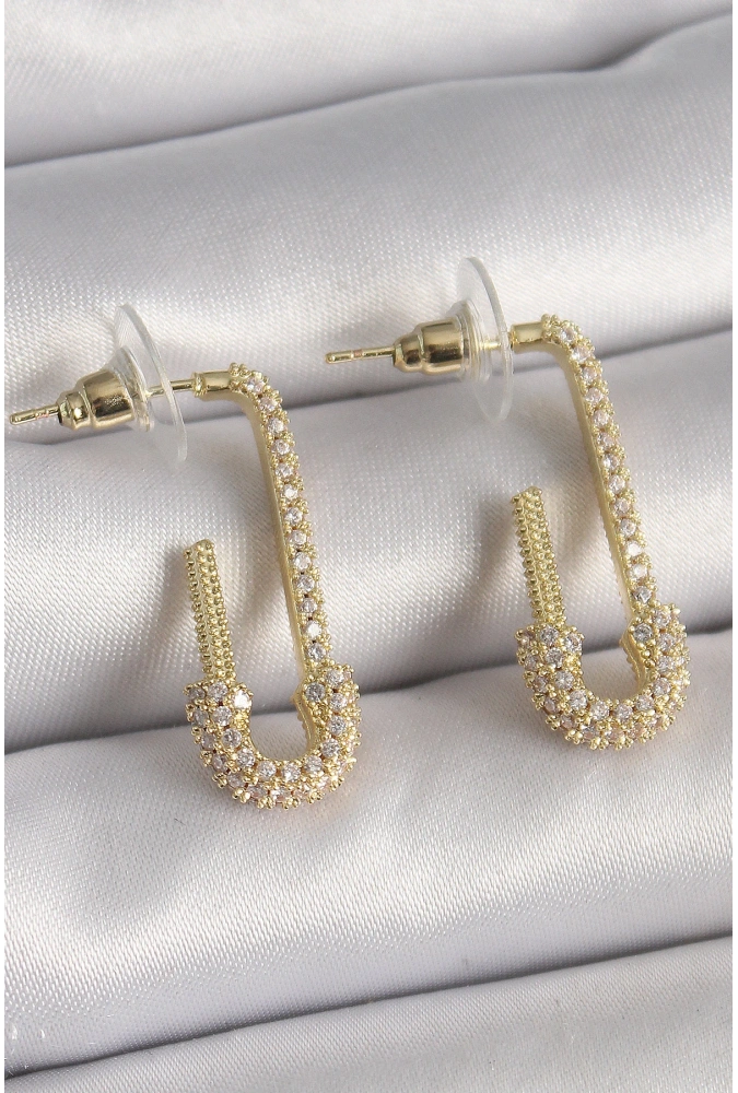 Shoecide Pirinç Gold Renk Zirkon Taşlı Çengelli İğne Model Kadın Küpe