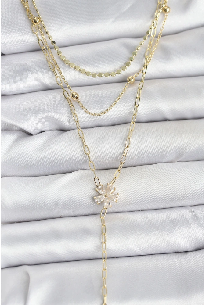 Shoecide Pirinç Gold Renk Zirkon Taşlı Çiçek Model Detaylı 3lü Kombin Y Kadın Kolye