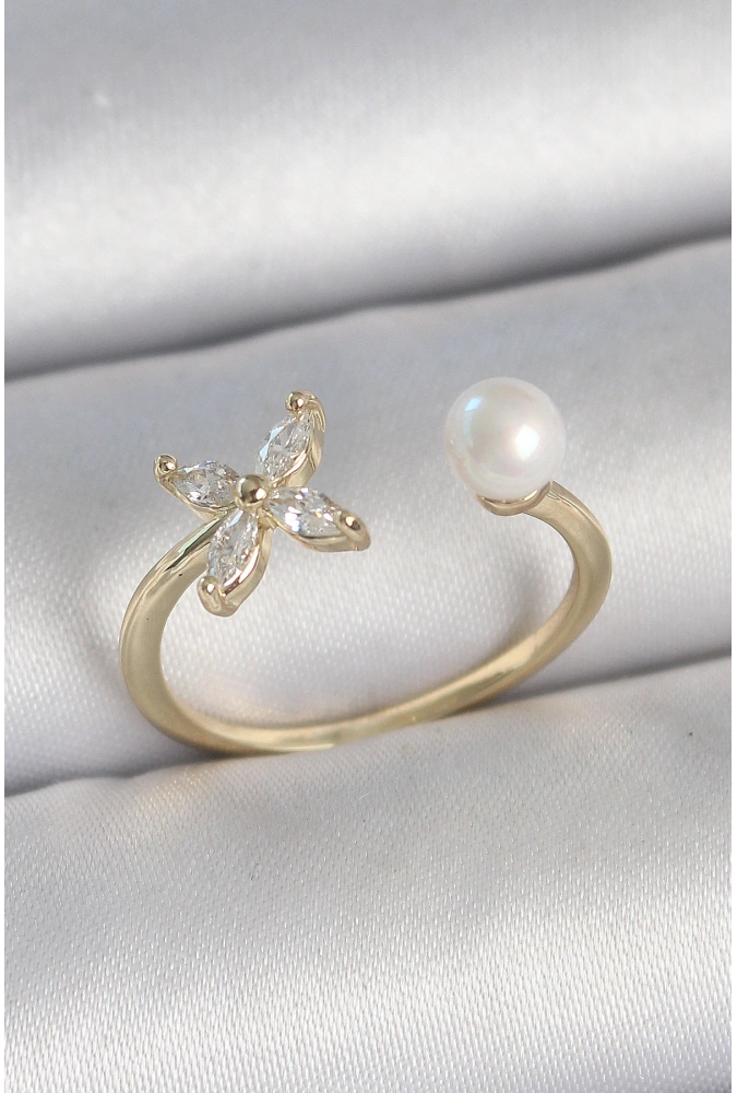 Shoecide Pirinç Gold Renk Zirkon Taşlı Çiçek Model İnci Detay Ayarlanabilir Kadın Yüzük