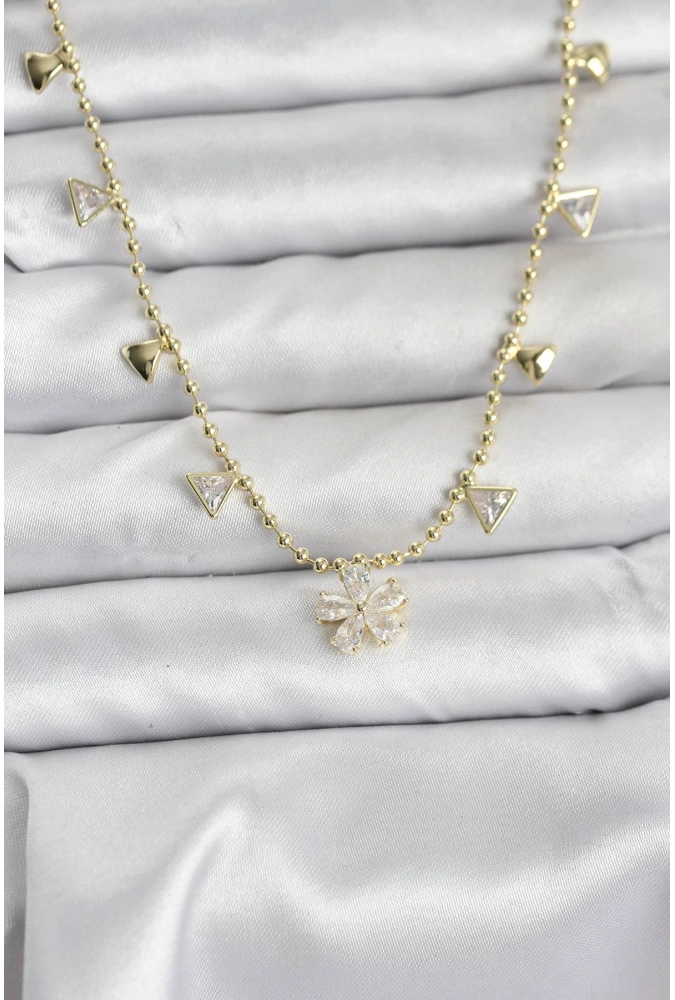 Shoecide Pirinç Gold Renk Zirkon Taşlı Çiçek Model Kadın Kolye