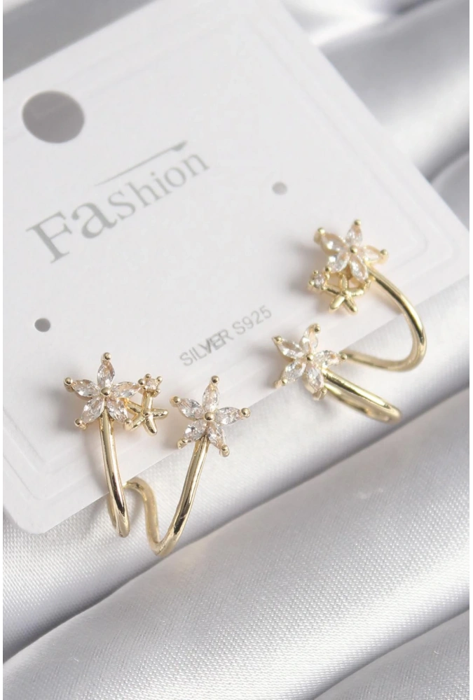 Shoecide Pirinç Gold Renk Zirkon Taşlı Çiçek Model Kadın Küpe