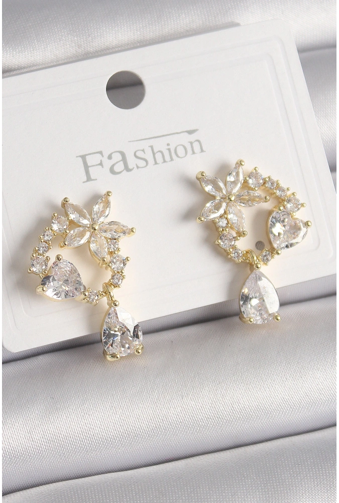 Shoecide Pirinç Gold Renk Zirkon Taşlı Çiçek Model Sallantı Damla Detay Kadın Küpe