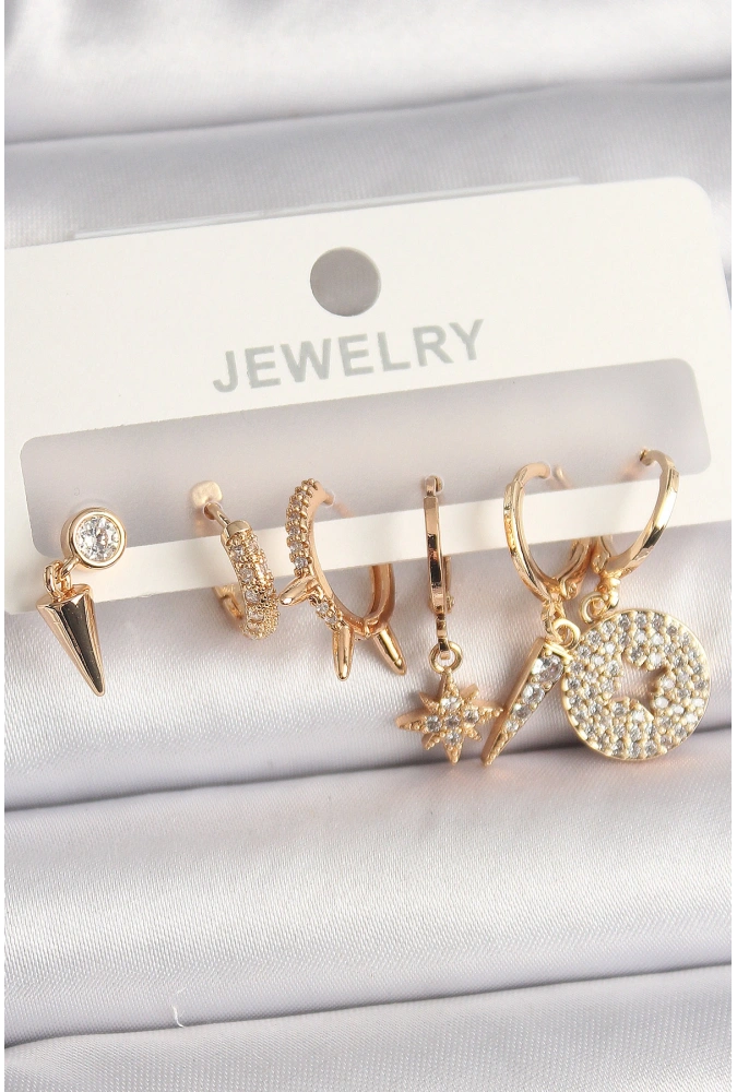 Shoecide Pirinç Gold Renk Zirkon Taşlı Çoklu Figür Kadın Küpe Seti