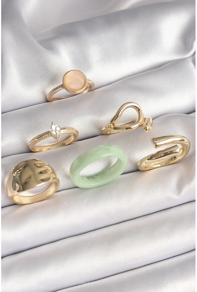 Shoecide Pirinç Gold Renk Zirkon Taşlı Daire Pembe Mineli Detay 6lı Kadın Yüzük Seti