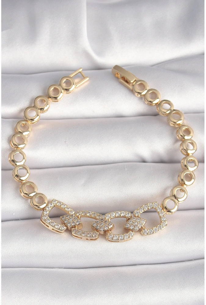 Shoecide Pirinç Gold Renk Zirkon Taşlı Daire Zincir Model Kadın Bileklik