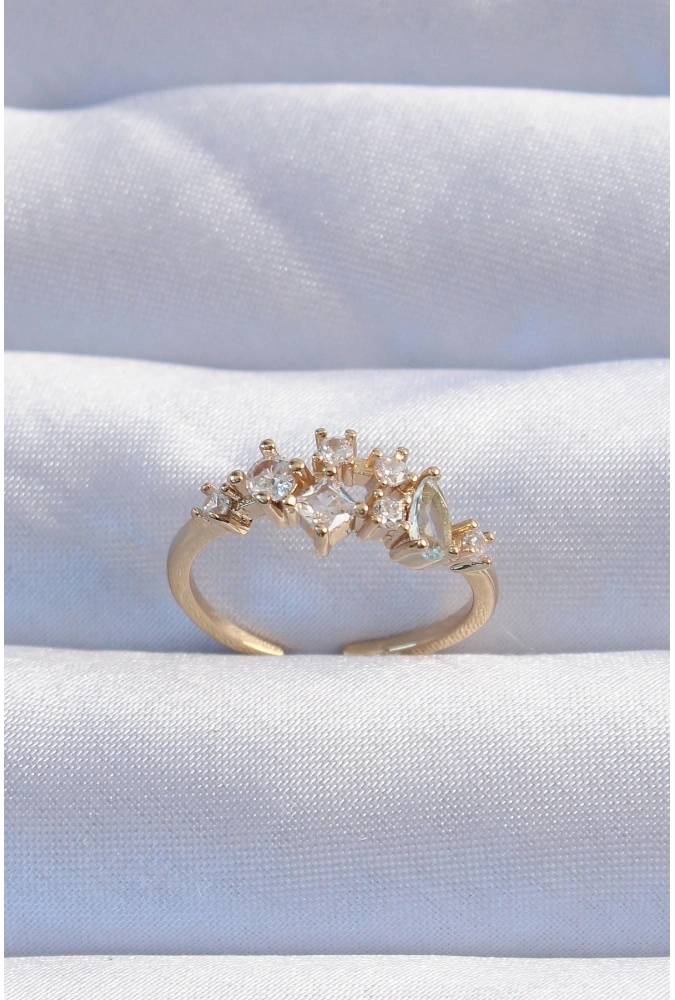 Shoecide Pirinç Gold Renk Zirkon Taşlı Damla Detay Ayarlanabilir Yüzük