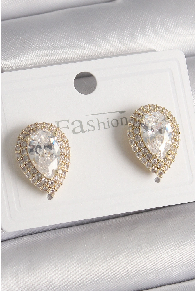 Shoecide Pirinç Gold Renk Zirkon Taşlı Damla Model Kadın Küpe