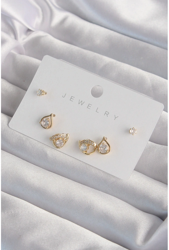 Shoecide Pirinç Gold Renk Zirkon Taşlı Damla Model Küpe Seti