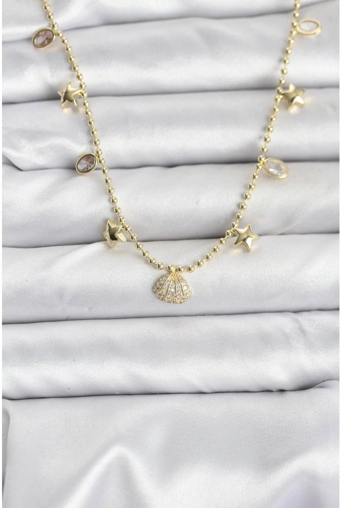 Shoecide Pirinç Gold Renk Zirkon Taşlı Deniz Kabuğu Model Kadın Kolye