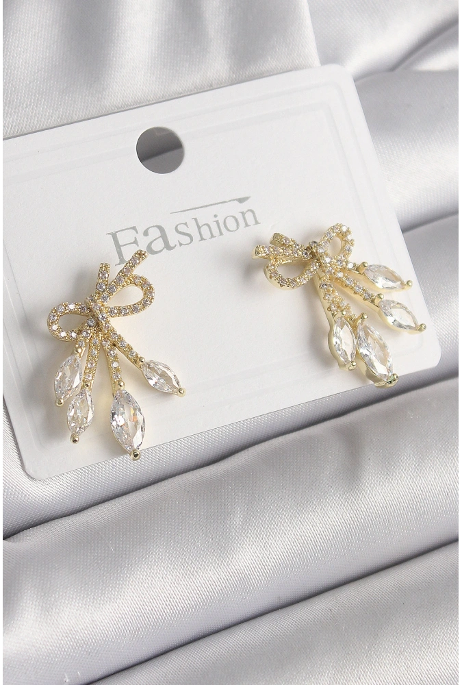 Shoecide Pirinç Gold Renk Zirkon Taşlı Düğüm Model Damla Zirkon Taşlı Kadın Küpe