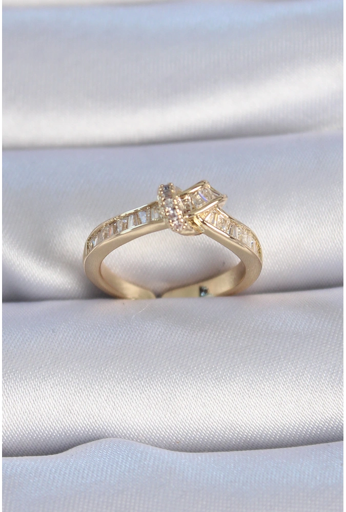 Shoecide Pirinç Gold Renk Zirkon Taşlı Düğüm Model Kadın Yüzük