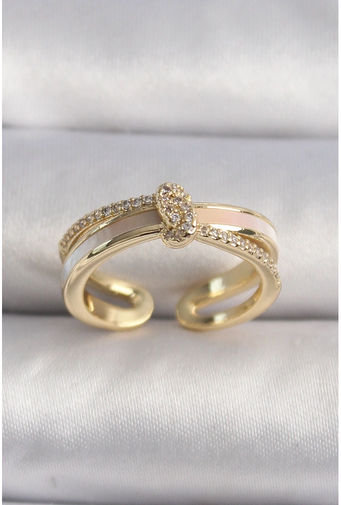 Shoecide Pirinç Gold Renk Zirkon Taşlı Düğüm Model Vıp Seri Kadın Yüzük