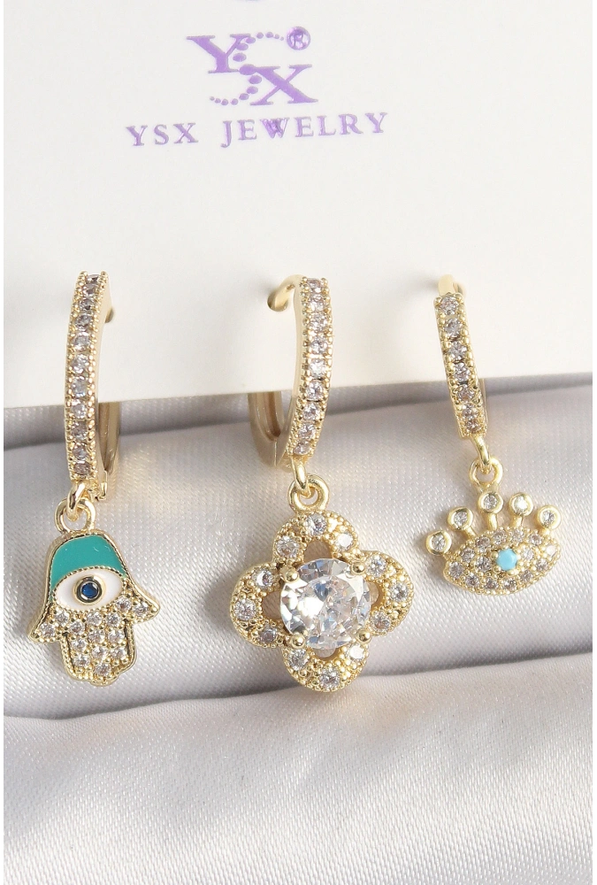 Shoecide Pirinç Gold Renk Zirkon Taşlı Fatma Ana El Yonca Figür Göz Detay 3lü Kadın Kombin Küpe