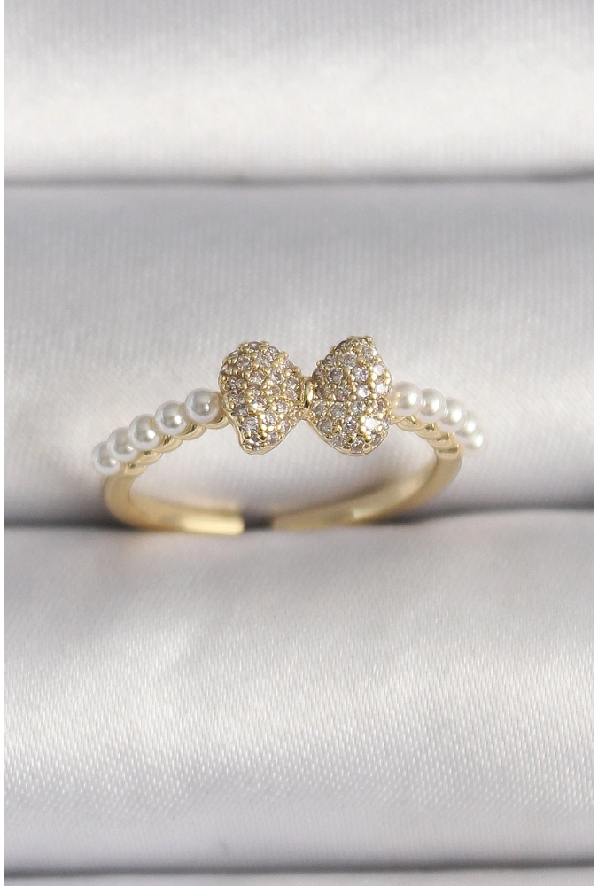 Shoecide Pirinç Gold Renk Zirkon Taşlı Fiyonk İnci Detay Ayarlanabilir Yüzük
