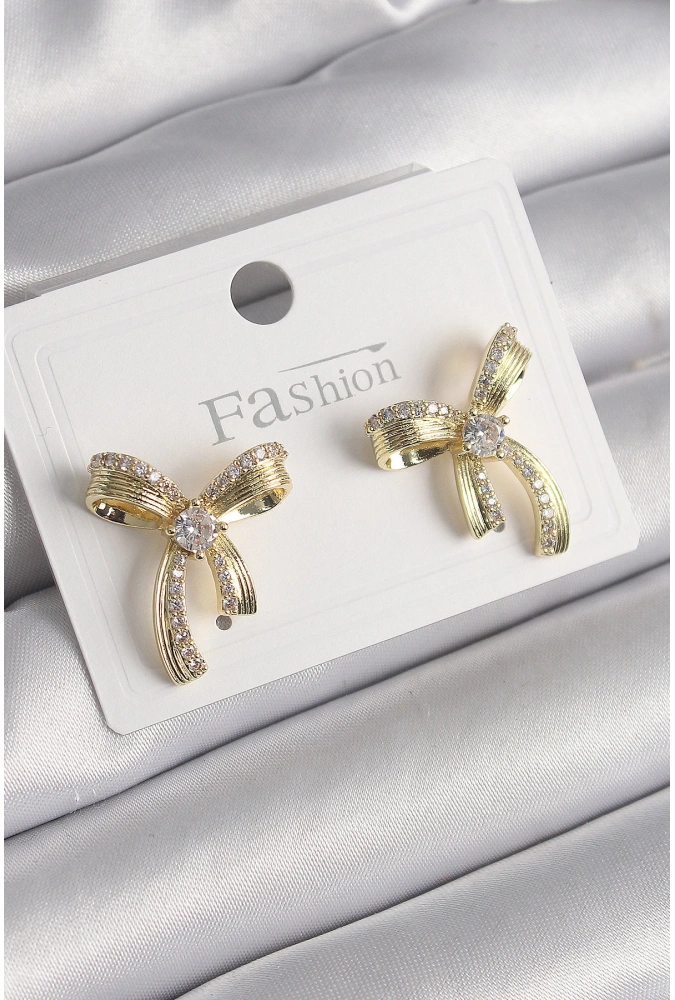 Shoecide Pirinç Gold Renk Zirkon Taşlı Fiyonk Model Kadın Küpe