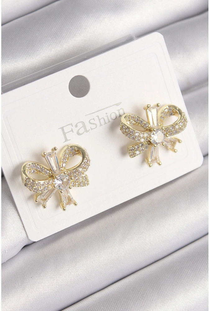 Shoecide Pirinç Gold Renk Zirkon Taşlı Fiyonk Model Kadın Küpe