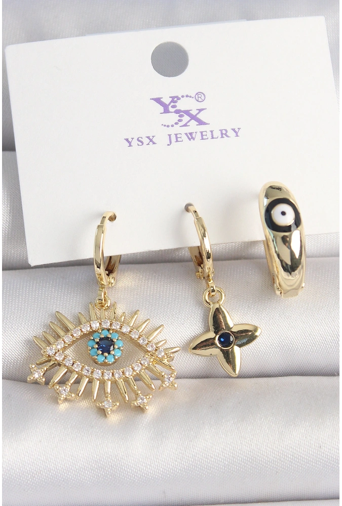 Shoecide Pirinç Gold Renk Zirkon Taşlı Göz Figür Nazar Boncuk Detay 3lü Kadın Kombin Küpe