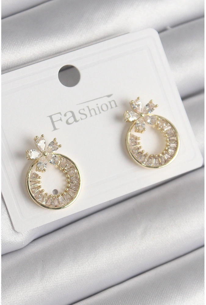 Shoecide Pirinç Gold Renk Zirkon Taşlı Halka Model Çiçek Figür Kadın Küpe