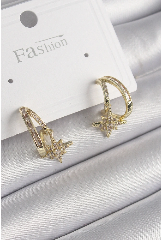 Shoecide Pirinç Gold Renk Zirkon Taşlı Halka Model Yıldız Detay Kadın Küpe