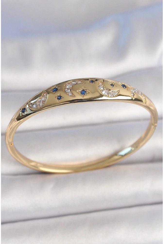 Shoecide Pirinç Gold Renk Zirkon Taşlı Hilal İşleme Mavi Taşlı Yıldız Detay Kadın Kelepçe