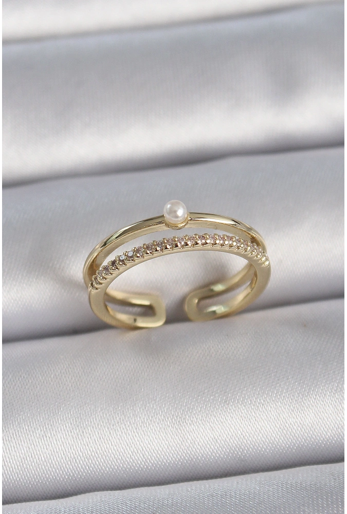 Shoecide Pirinç Gold Renk Zirkon Taşlı İnci Detay Ayarlanabilir Model Kadın Yüzük