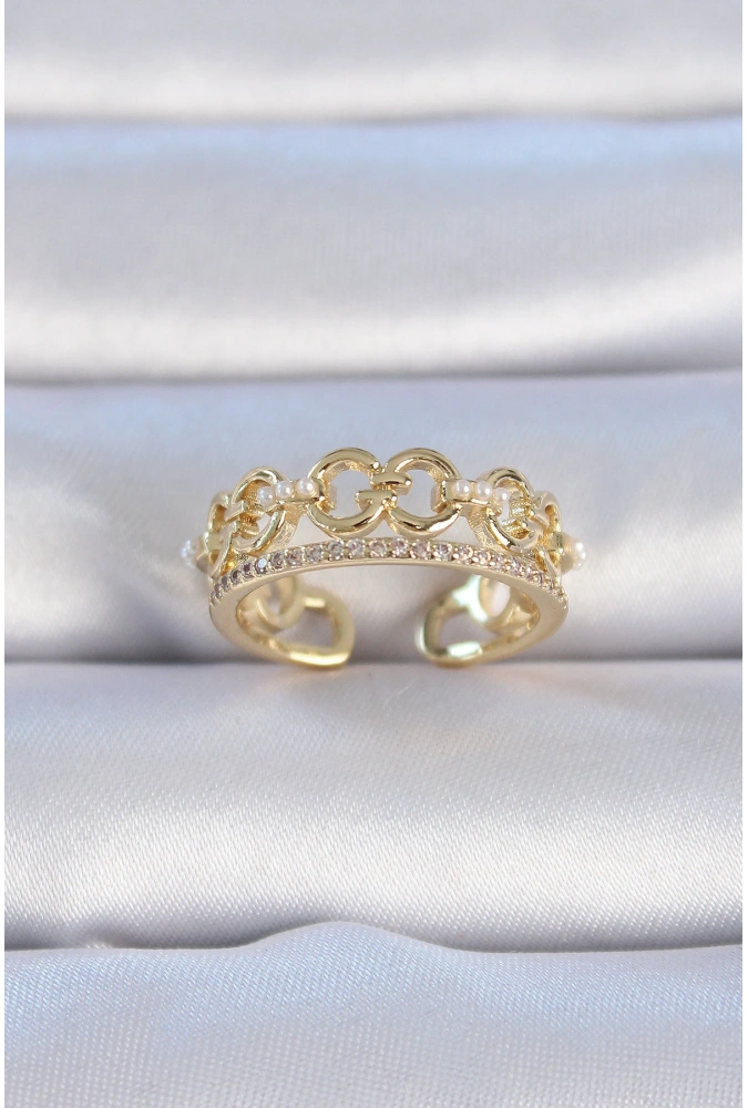 Shoecide Pirinç Gold Renk Zirkon Taşlı İnci Detay Kadın Yüzük