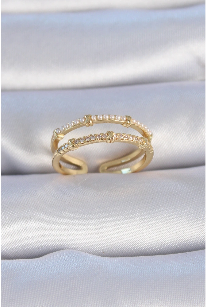 Shoecide Pirinç Gold Renk Zirkon Taşlı İnci Detay Kadın Yüzük