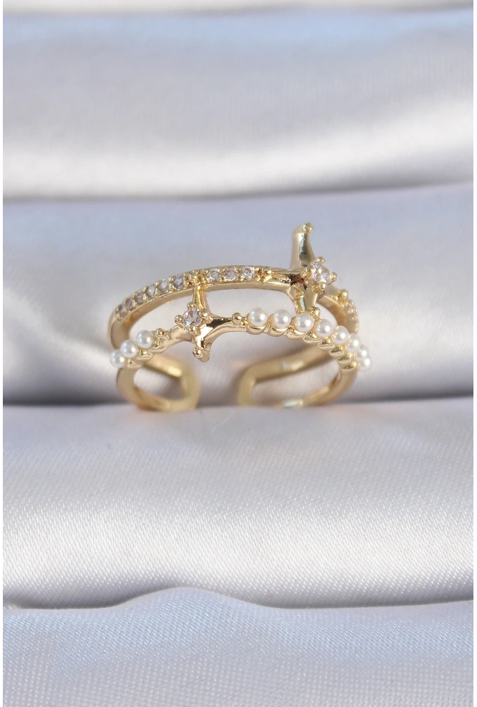 Shoecide Pirinç Gold Renk Zirkon Taşlı İnci Detay Kutup Yıldızı Model Kadın Yüzük